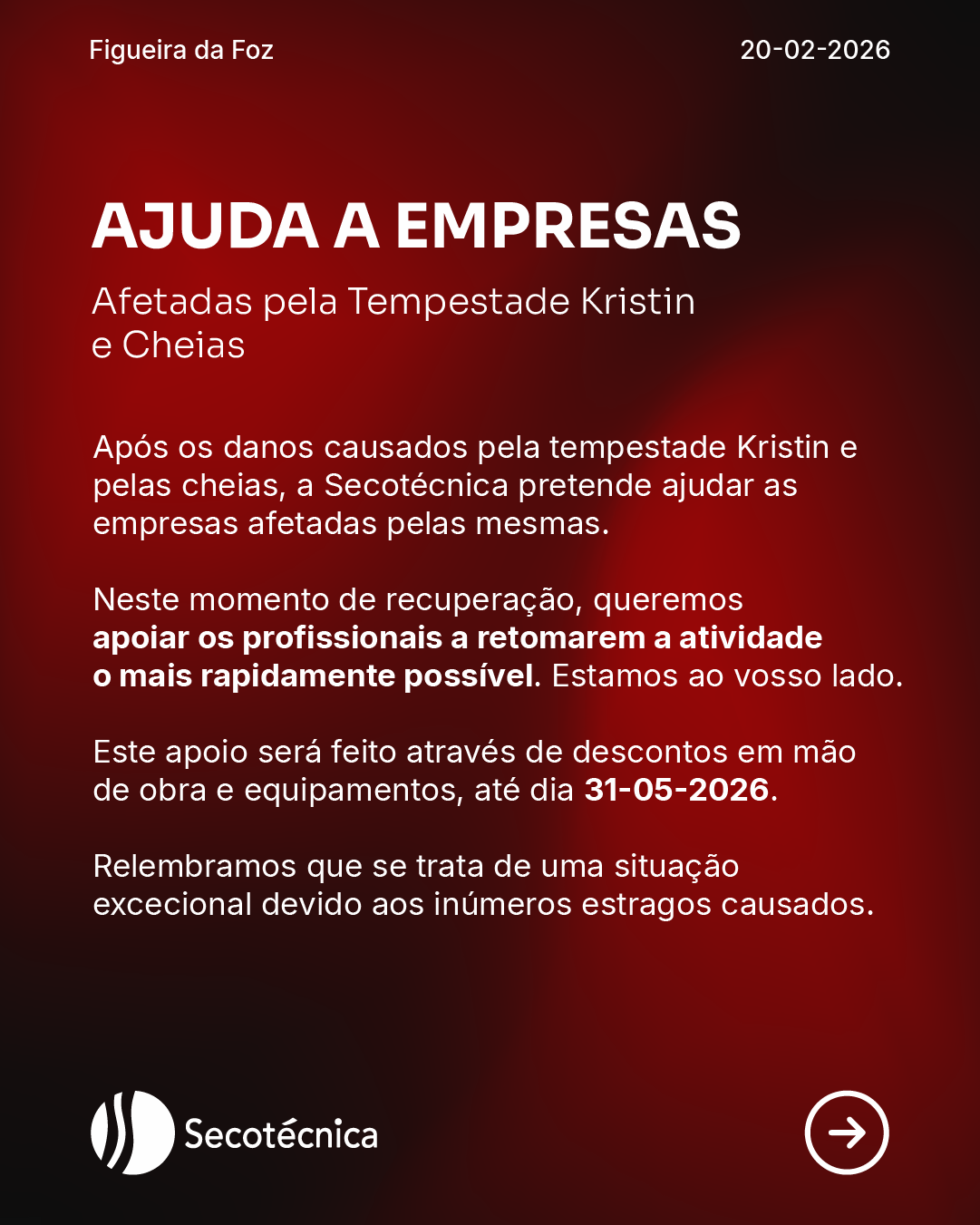 Ajuda a empresas afetadas pela tempestade Kristin e cheias