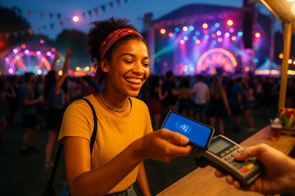 um jovem a divertir-se num festival de música e a pagar por contactless. Muitas pessoas de fundo